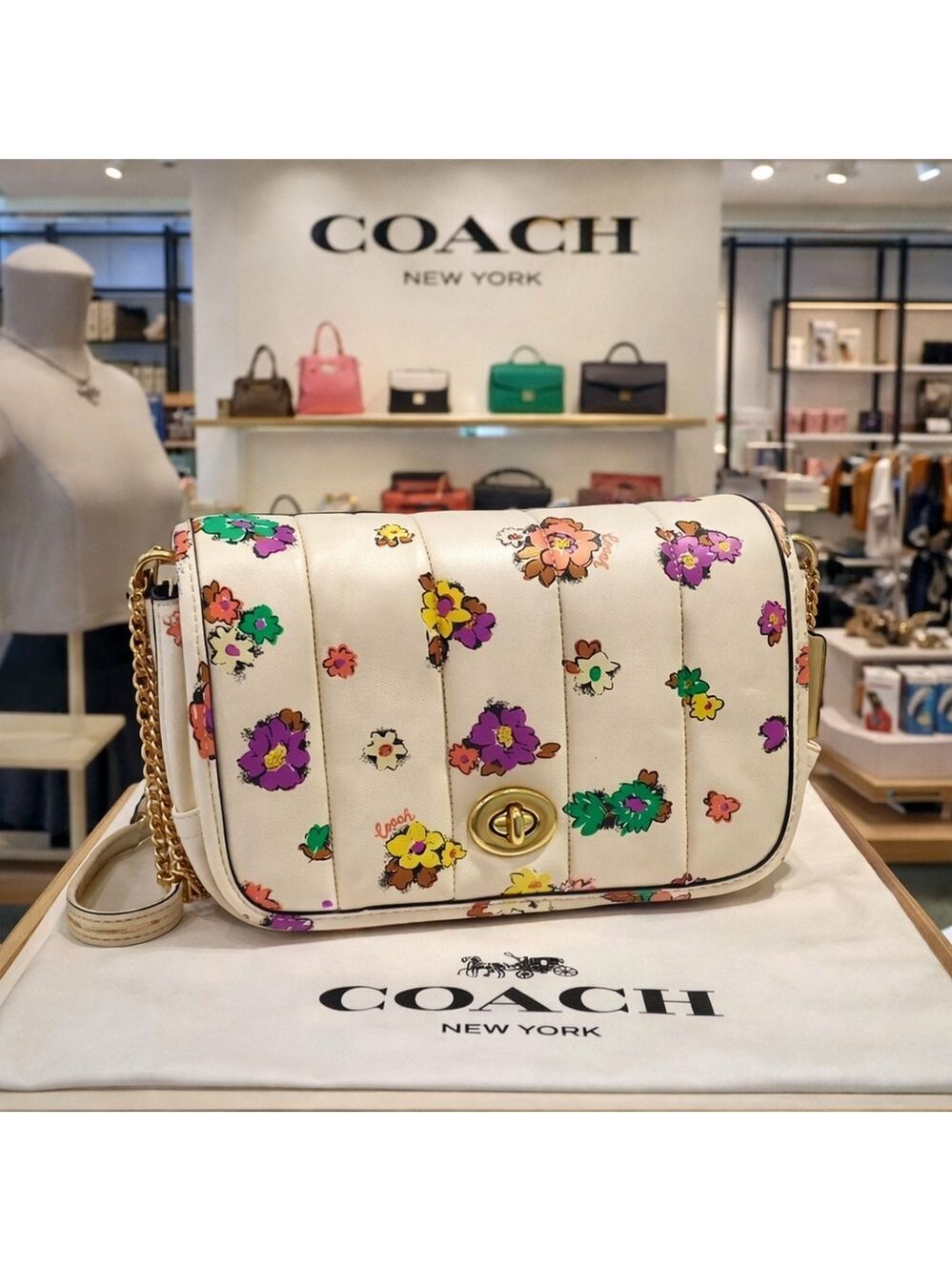 COACH DINKY 18 QUILTING FLORAL‎ BAG NAPPA LEATHER CHALK MULTI PURSE CROSSBODY